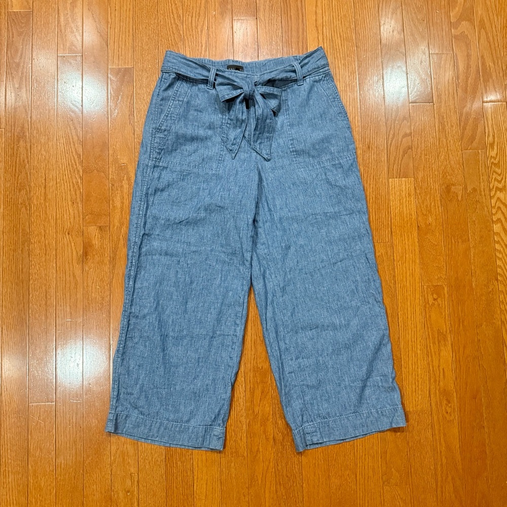Talbots Linen Chambray Wide Leg Crop Pants Womens 4 Tie Waist Belted Cropped